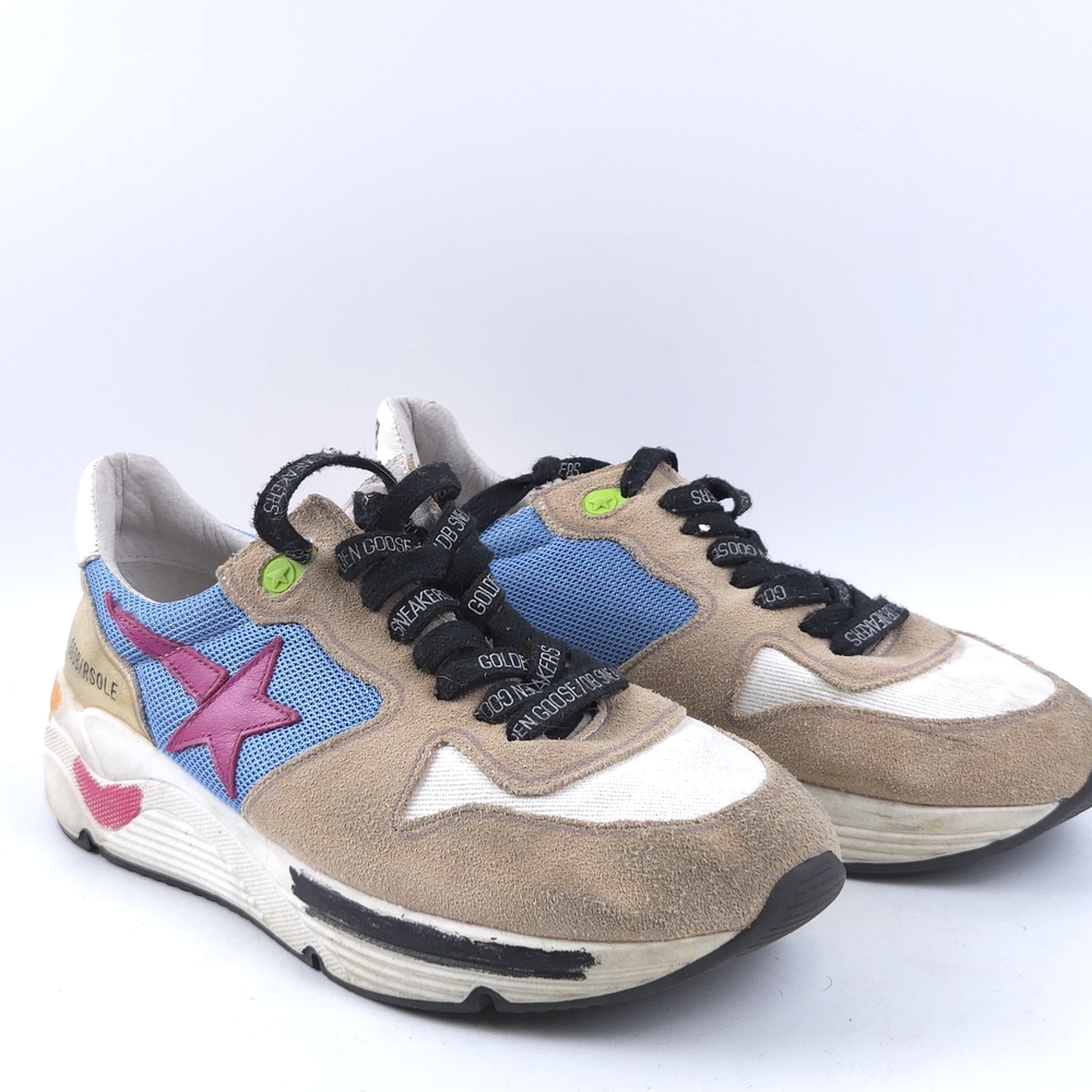 Retro Star Accent Mesh & Suede Sneakers in Blue, Tan, Pink